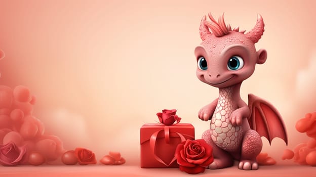 Valentine's Day blank space with cute dragon gift boxes, roses, red heart, background generative ai