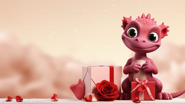 Valentine's Day blank space with cute dragon gift boxes, roses, red heart, background generative ai