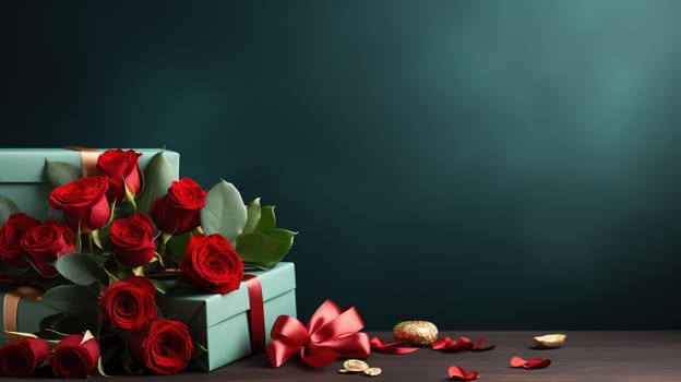 Valentine's Day blank space with gift boxes, roses, red heart, background generative ai