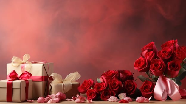 Valentine's Day blank space with gift boxes, roses, red heart, background generative ai