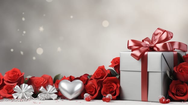 Valentine's Day blank space with gift boxes, roses, red heart, background generative ai