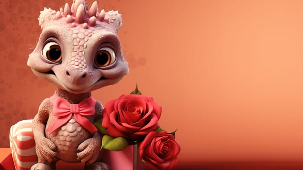 Valentine's Day blank space with cute dragon gift boxes, roses, red heart, background generative ai