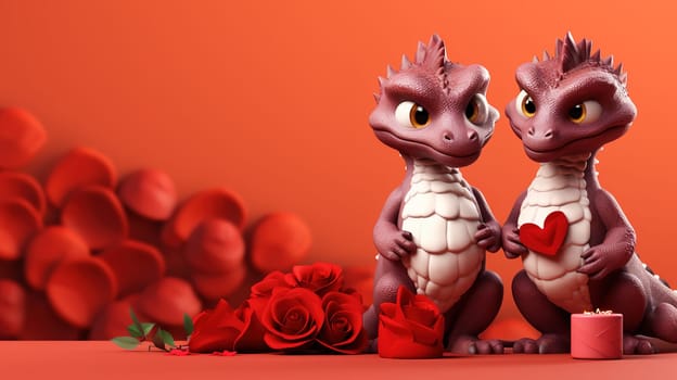 Valentine's Day blank space with cute dragon gift boxes, roses, red heart, background generative ai