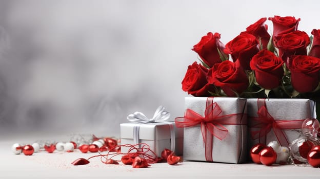 Valentine's Day blank space with gift boxes, roses, red heart, background generative ai