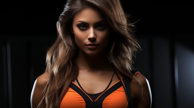 Sporty beautiful woman with long hair closeup on dark background. Banner for fitness and sports. Generative AI