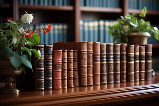 Vintage library with many books on shelves and tables. Beautiful interior, on the tables books and lamps. Background of books. Generative AI