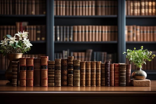 Vintage library with many books on shelves and tables. Beautiful interior, on the tables books and lamps. Background of books. Generative AI