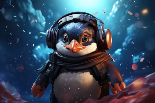 Penguin wearing VR headset, surreal worlds and colorful. background Generative AI.