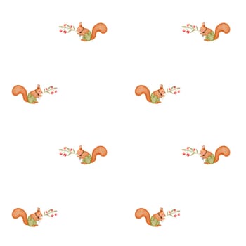 Seamless watercolor pattern of cute red squirrel in pants with a branch of berries. Pretty animal for printing on children's textiles, pajamas and bed linen.