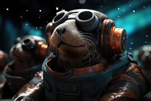 Seal wearing VR headset, surreal worlds and colorful. background Generative AI.