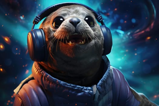 Seal wearing VR headset, surreal worlds and colorful. background Generative AI.