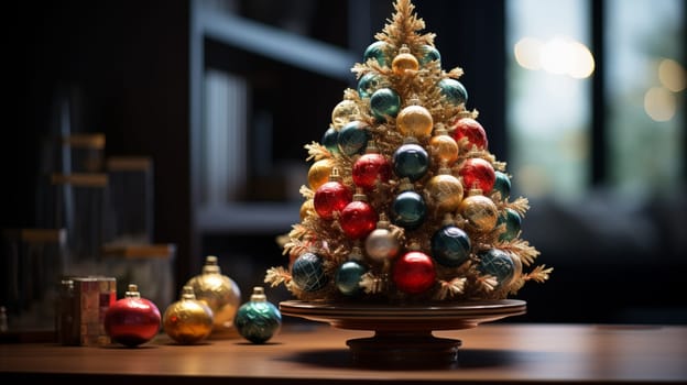 A cute little Christmas tree stands on wooden table, in living room.