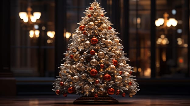 A beautiful silver Christmas tree stands in a large living room on old wooden floor.