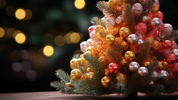 there is a beautiful little Christmas tree stand on wooden the table, at evening light.