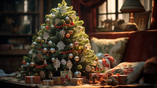 a Christmas tree in Interior of a cozy country house with a sofa.