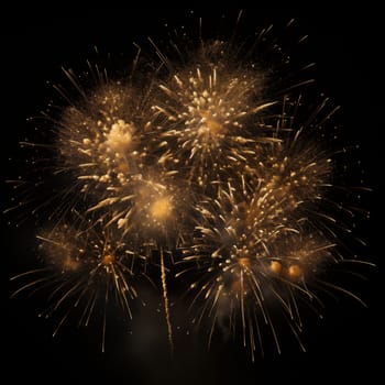 Several golden fireworks on a black background isolated.