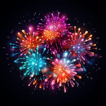 Several colorful fireworks on black background isolated.