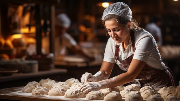 Close-up of a woman chef in a bakery, kneading dough for making delicious bread. Making delicious and fresh bread. Generative AI.