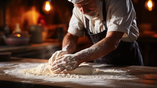 Close-up of a male bakery chef kneading dough to make delicious bread. Making delicious and fresh bread. Generative AI.