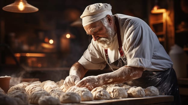 Close-up of a male bakery chef kneading dough to make delicious bread. Making delicious and fresh bread. Generative AI.