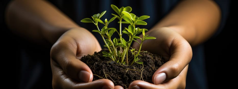 Closeup hands holding young plant, earth day and save environment concept. Generative AI.