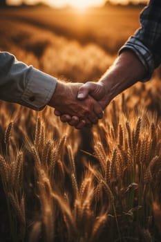 Two farmers standing in wheat field and shaking hands during sunset. AI generative.