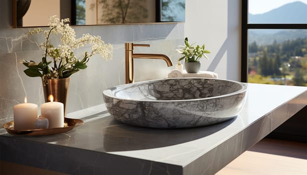 minimalistic bathroom featuring a natural stone countertop with a white sink, attached to a white wall. This mockup-ready countertop can serve as a display stand for bathroom products.3d rendering Luxury white marble bathroom close up