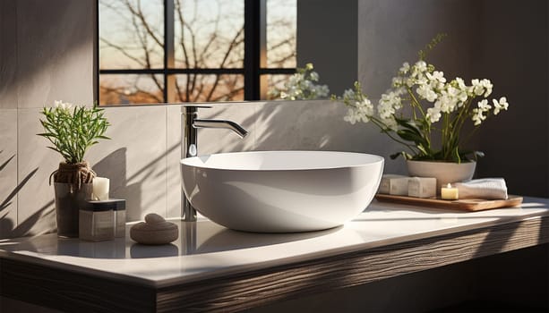 minimalistic bathroom featuring a natural stone countertop with a white sink, attached to a white wall. This mockup-ready countertop can serve as a display stand for bathroom products.3d rendering Luxury white marble bathroom close up