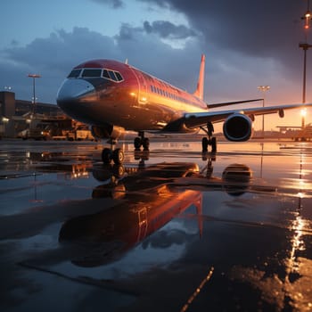 Commercial airplane at the airport at sunset. Generative AI.