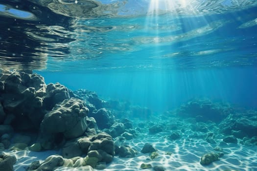 Seabed with clean transparent water and sun rays.