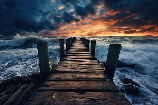 Old wooden pier in the stormy sea at sunset.