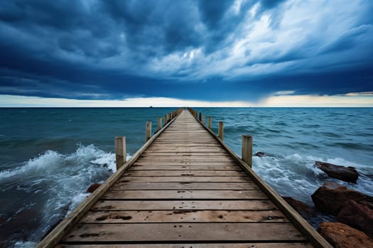 A wooden pier extending into the sea against a dark sky.