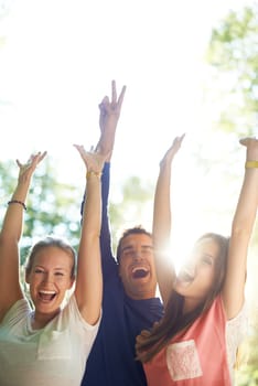 Portrait, outdoor and friends with party, excited and social event with music festival, happiness or summer. Face, people or group with lens flare, sunshine or weekend break with celebration or smile.