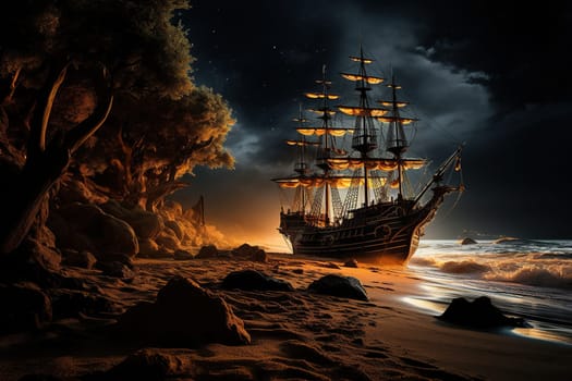A vintage wooden ship moored to the shore at sunset.