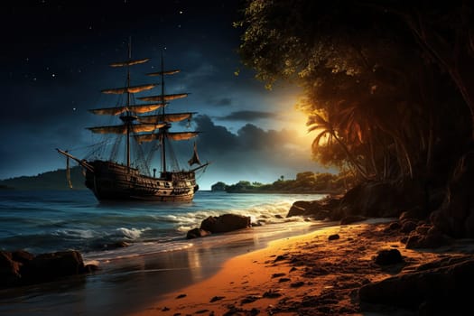 A large vintage ship docked on a beautiful shore with greenery.