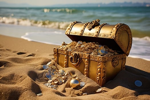 An open treasure chest on the seashore.