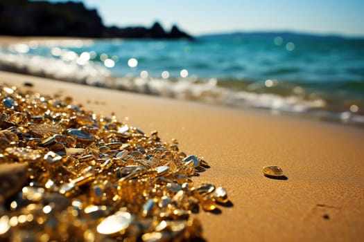 Golden stones on the beach against the backdrop of the sea.