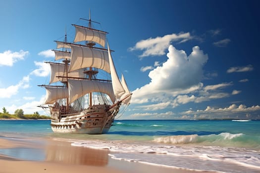 A large wooden ship with white sails off the coast during the day.