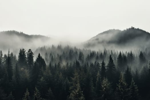 Top view of a misty mythical forest.