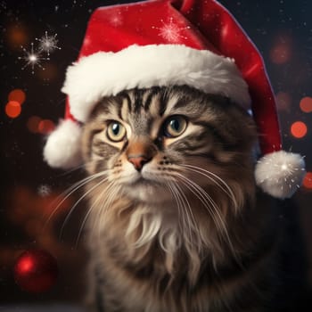 A festive cat in a red Santa Claus hat brings a festive mood for the New Year and Christmas holidays. The cat poses playfully, representing the joy of the season.