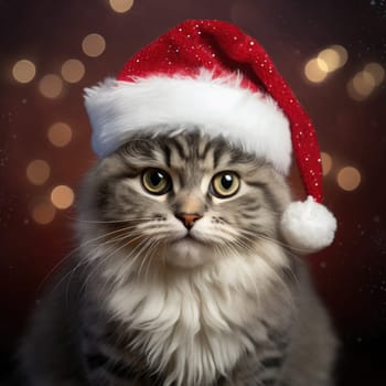 A festive cat in a red Santa Claus hat brings a festive mood for the New Year and Christmas holidays. The cat poses playfully, representing the joy of the season.