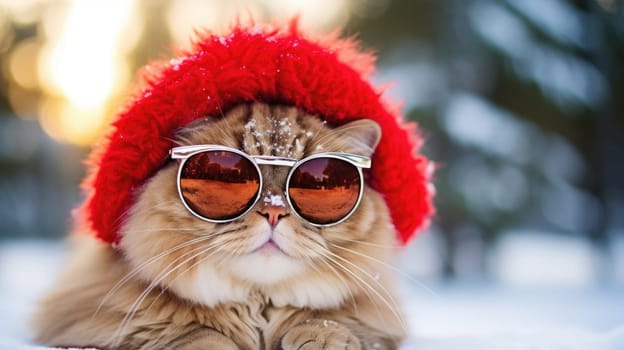 A festive cat in a red Santa Claus hat brings a festive mood for the New Year and Christmas holidays. The cat poses playfully, representing the joy of the season.