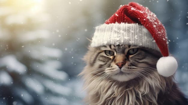 A festive cat in a red Santa Claus hat brings a festive mood for the New Year and Christmas holidays. The cat poses playfully, representing the joy of the season.