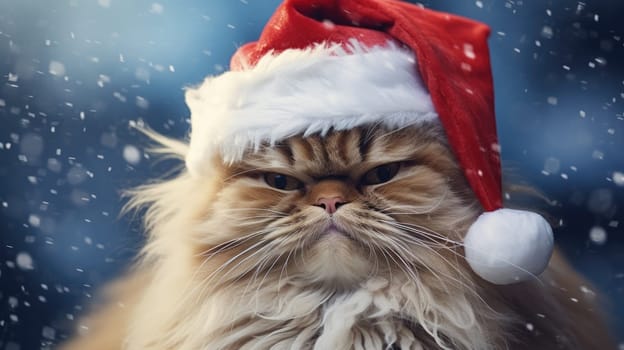 A festive cat in a red Santa Claus hat brings a festive mood for the New Year and Christmas holidays. The cat poses playfully, representing the joy of the season.