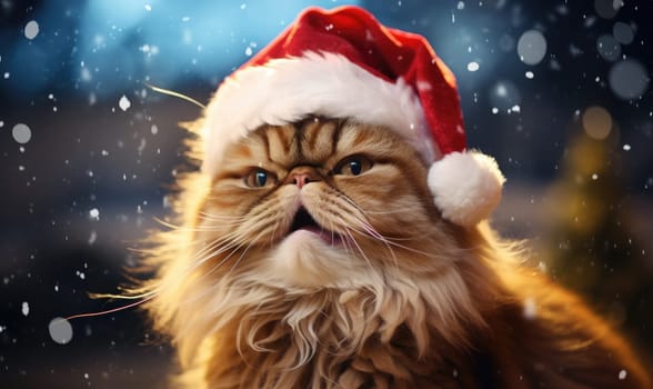 A festive cat in a red Santa Claus hat brings a festive mood for the New Year and Christmas holidays. The cat poses playfully, representing the joy of the season.