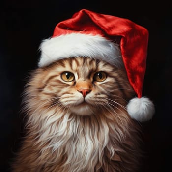 A festive cat in a red Santa Claus hat brings a festive mood for the New Year and Christmas holidays. The cat poses playfully, representing the joy of the season.