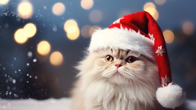 A festive cat in a red Santa Claus hat brings a festive mood for the New Year and Christmas holidays. The cat poses playfully, representing the joy of the season.