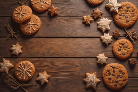 Cookies on a wooden table. Top view. ai generative