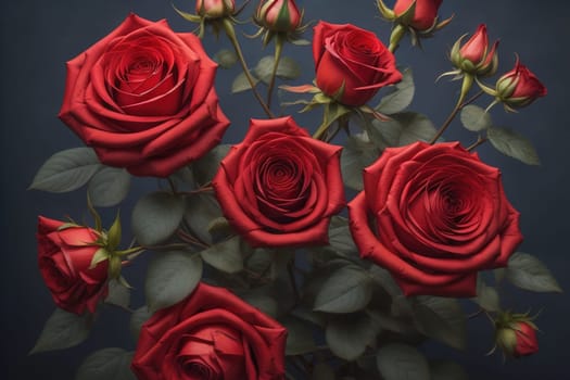 Red roses background. Top view of beautiful red roses with green leaves. ai generative