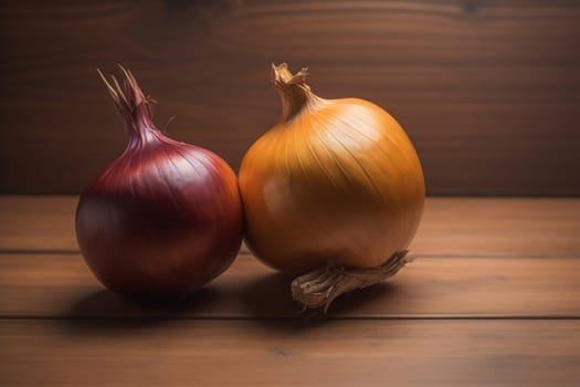 Three onions on a wooden table in front of a solid color background. ai generative